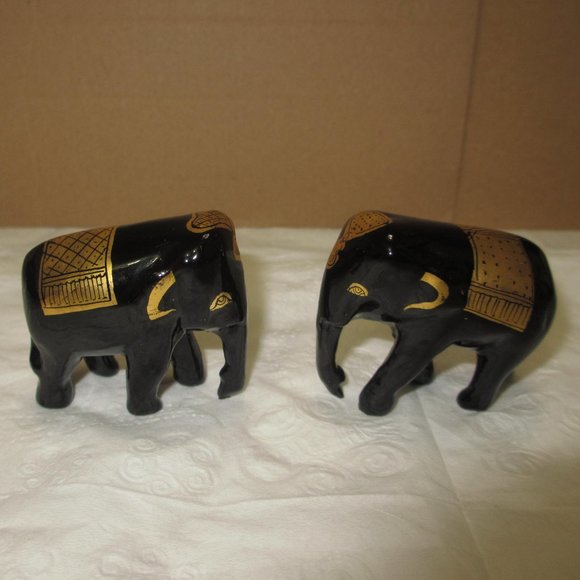 Elephants statuettes figurines Set 2 pc Lot Vintage Gilded Black and Gold - Picture 8 of 13